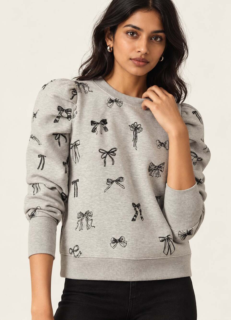 Maeve Embroidered Bow Print Long Puff Sleeve Sweatshirt Grey Womens Size Large